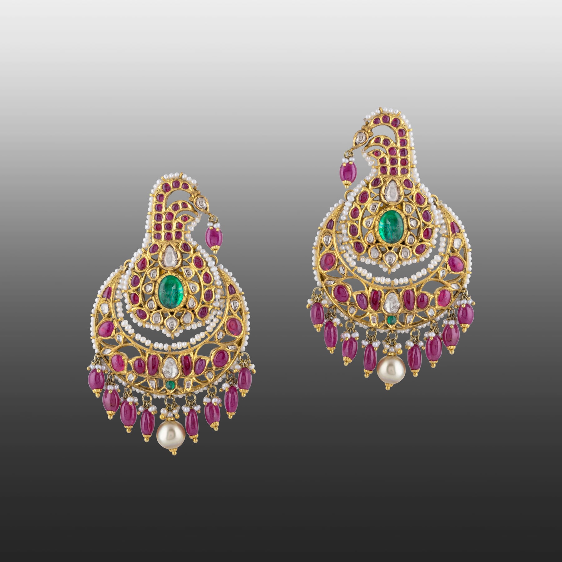 Uncut Diamond Polki Cuff Earring with Pink Talaf , Emerald & Pearls